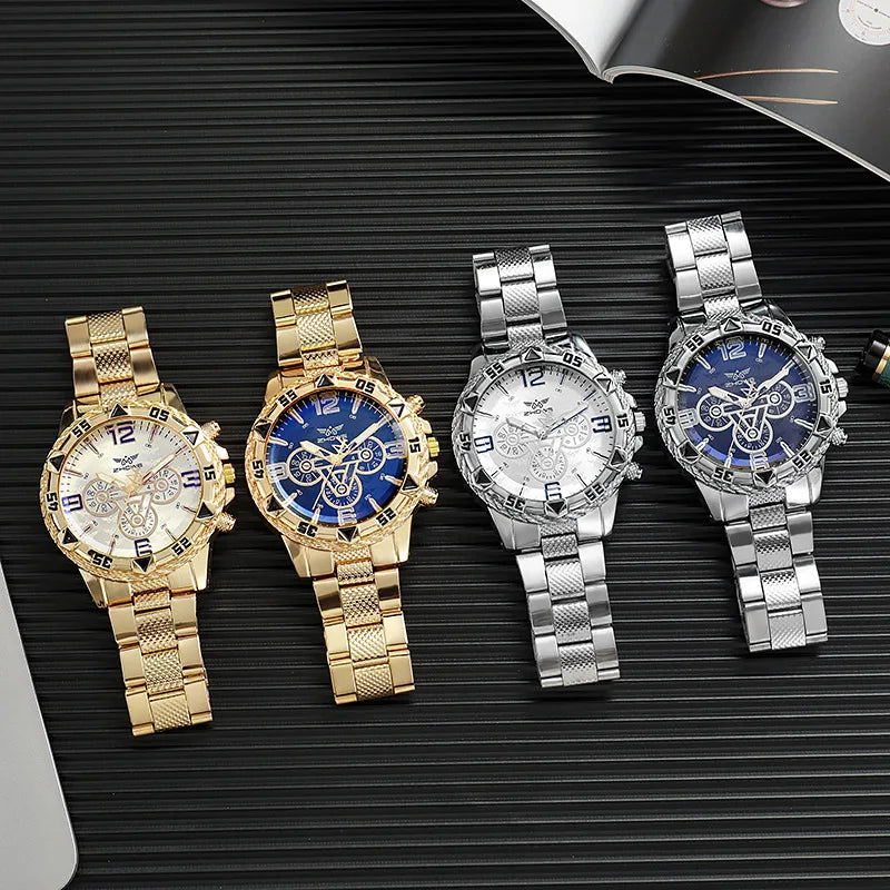 Men's Watch Blue Light Glass Quartz Watch Fashion Classic Watch Fake Three Eye Digital Alloy Watch