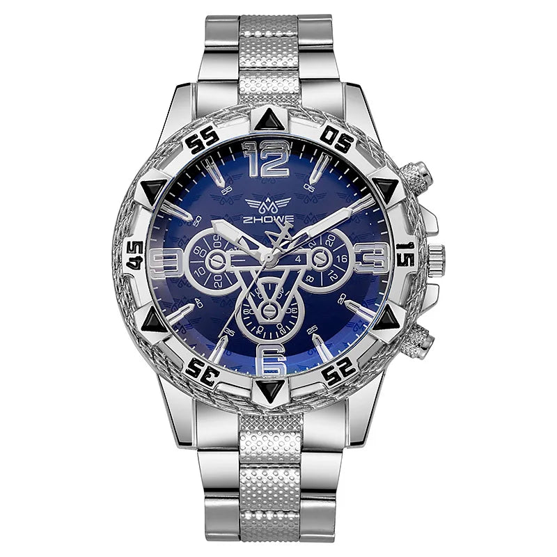 Men's Watch Blue Light Glass Quartz Watch Fashion Classic Watch Fake Three Eye Digital Alloy Watch
