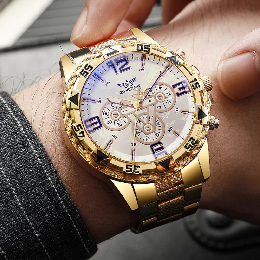 Men's Watch Blue Light Glass Quartz Watch Fashion Classic Watch Fake Three Eye Digital Alloy Watch